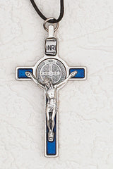Saint Benedict Blue Pearl Crucifix- Silver Tone Medal