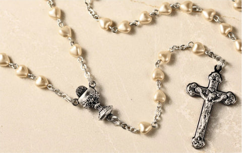 First Communion Rosary Heart Shaped Faux Pearl beads with Silver Chalice Centerpiece and Cross
