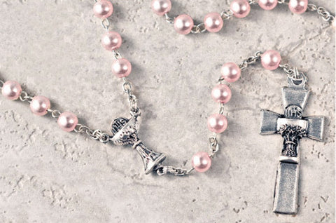 First Communion Pink Faux Pearl Rosary