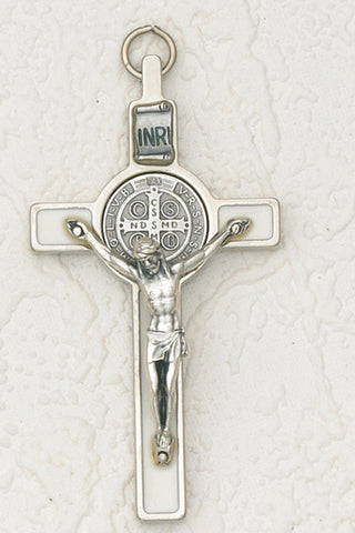 Saint Benedict White Enamel Crucifix- Silver Toned Medal